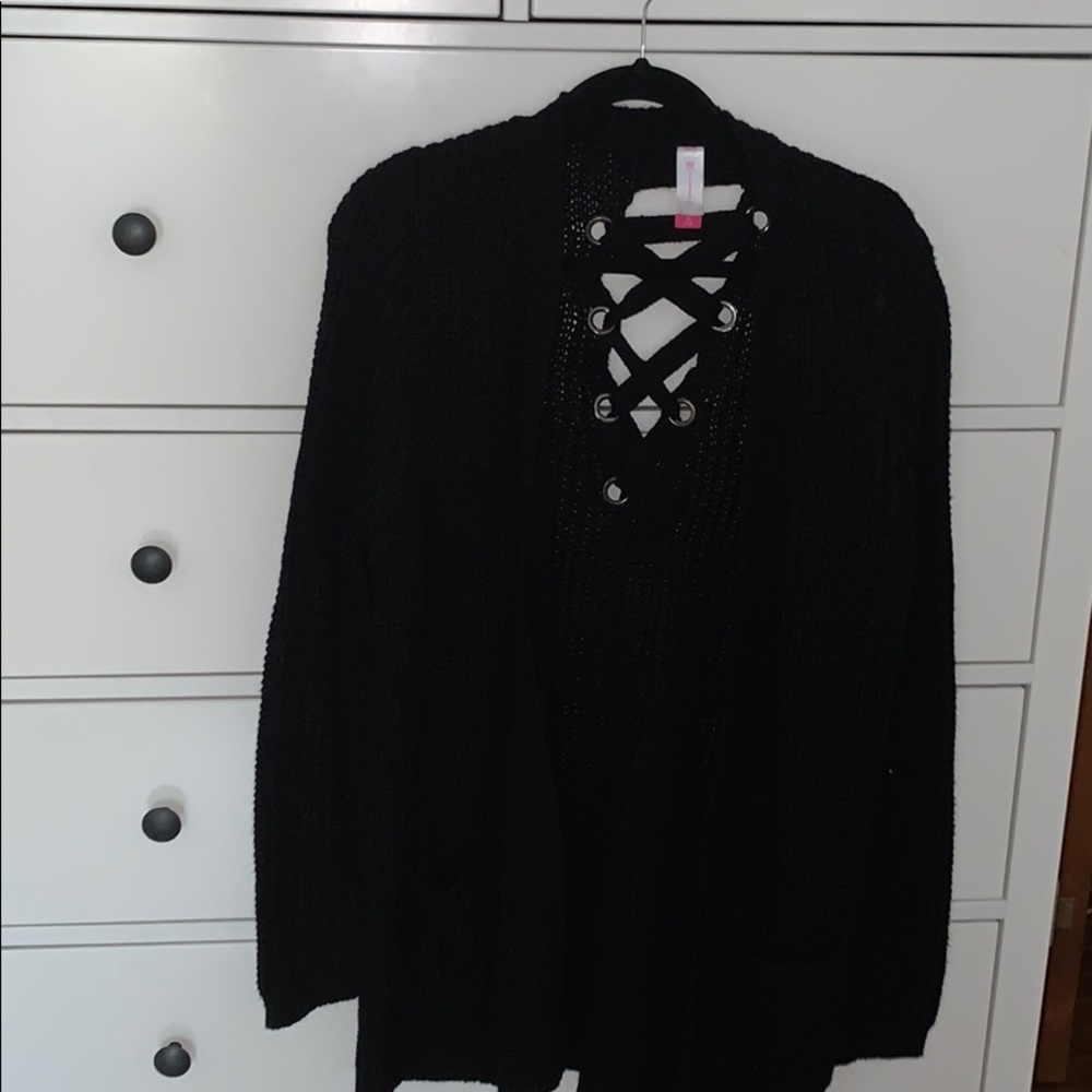 black crochet criss cross back cardigan
